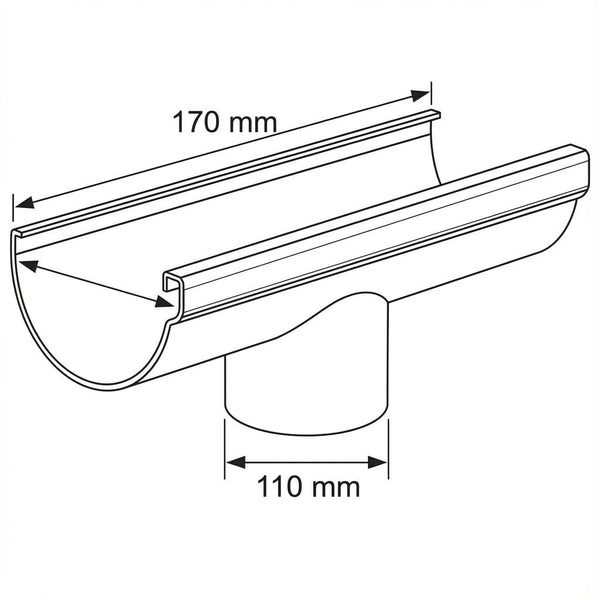 170mm Half Round Running Outlet Drawing - installed