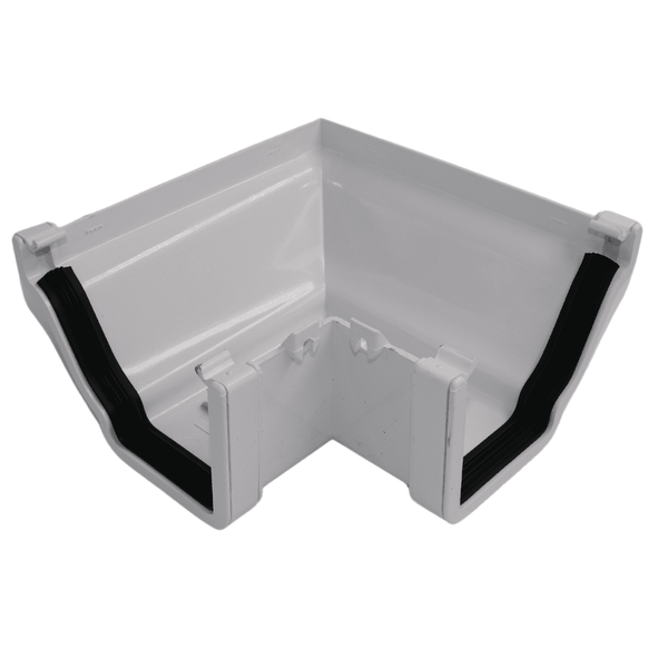 white Aquaflow 130mm External 90° Ogee Gutter Angle - installed